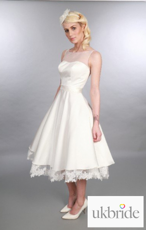 Catherine Timeless Chic Tea Length Satin Lace Tea Length Wedding Dress Illusion Neckline 1950s Inspired .JPG