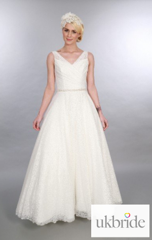 Betsy Lace Timeless Chic Lace Full Length Vintage Inspired V Neck Wedding Gown.JPG