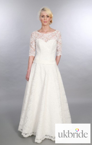 Mae Timeless Chic Lace Full Length Vintage Inspired Wedding Gown Dropped Waist Sleeves.JPG