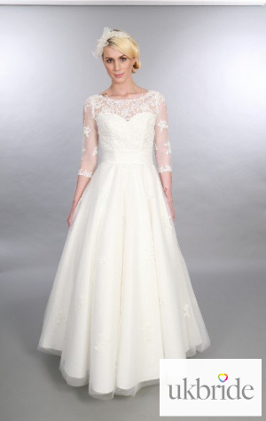 Polly Timeless Chic Full Length Vintage Inspired Wedding Dress Tulle Lace Sleeves Sweatheart Neckline Front Full.JPG