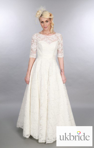 Mae Mid Waist Timeless Chic Lace Vintage Inspired Wedding Gown Full Length With Sleeve Sweetheart Neckline Front.JPG