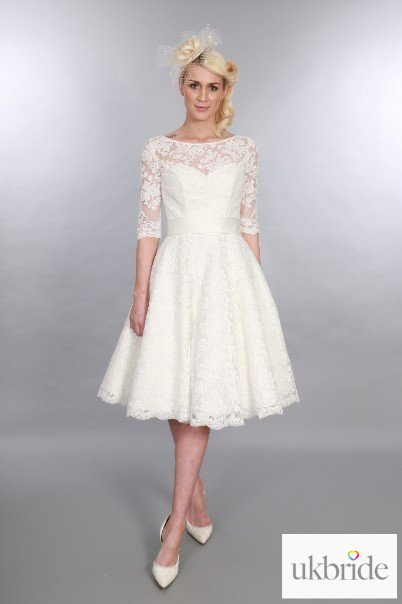 Mae MidWaist Timeless Chic Tea Length Lace Wedding Dress Sleeve Vintage 1950s 60s Style1.JPG