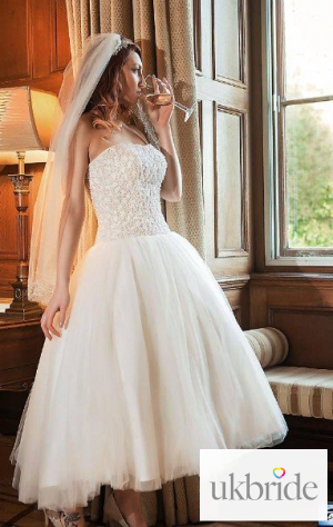 Katie Timeless Chic 1950s Inspired Tea Length Wedding Dress Pearl and Tulle Dropped Waist.jpg