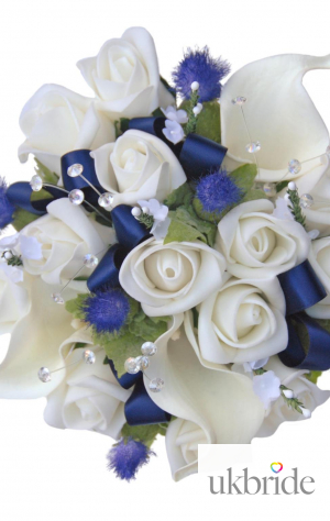 Bridesmaids Ivory Calla Lily, Rose & Blue Thistle & Bow Wedding Posy  52.95 sarahsflowers.co.uk.jpg