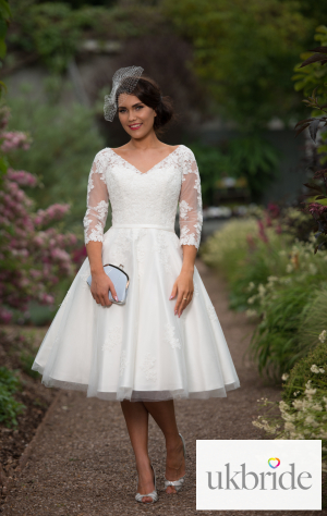Timeless Chic Gloria Tea Length Vintage 1950s Wedding Dress With V Neck & Sleeves (10).png