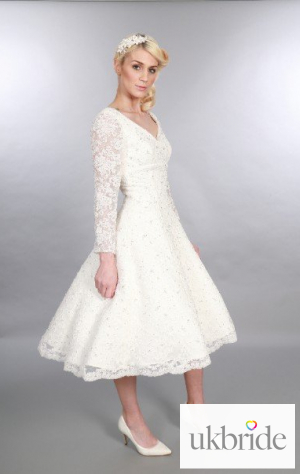 Gillian Timeless Chic Tea Length Vintage Inspired V Neck Short Wedding Dress Long Sleeve Diamante Embellishment.JPG