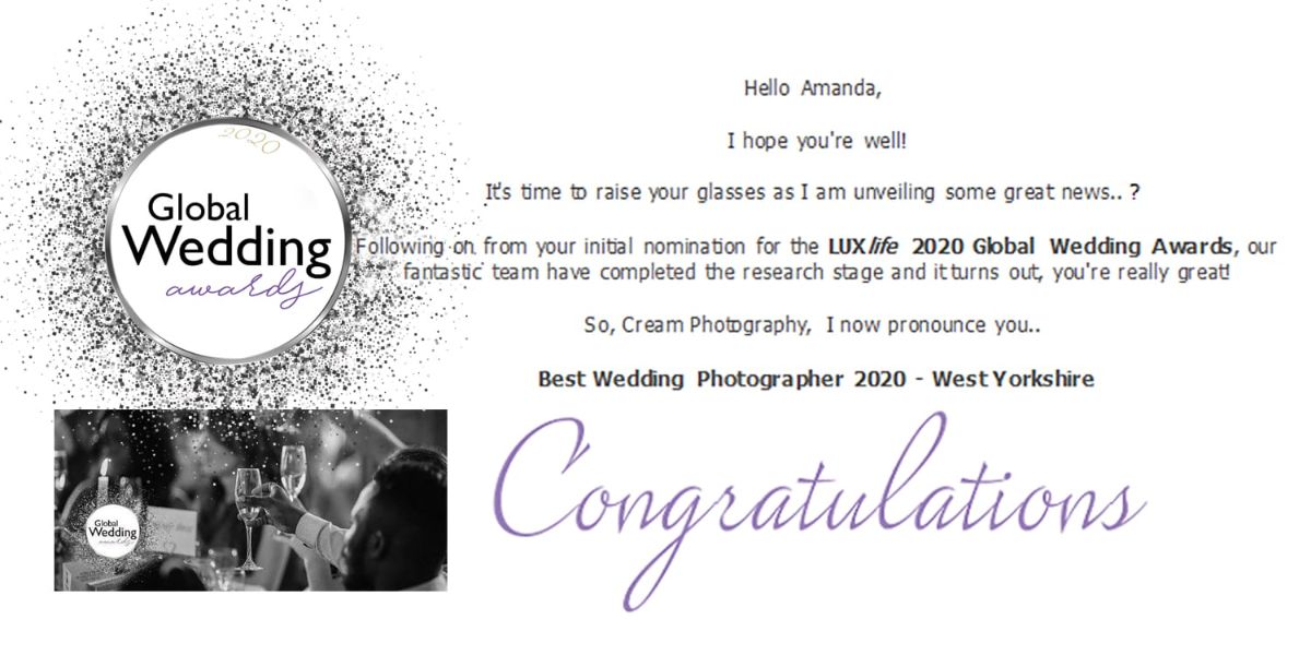 LuxLife 2020 Global Wedding Awards - Best Wedding Photographer 2020 West Yorkshire
