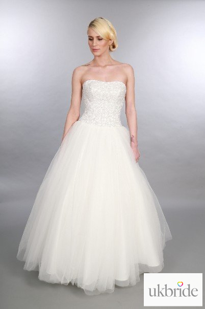 Katie Timeless Chic Full Length Prom Style Dropped Waist Wedding Dress With Pearl Detail Front.JPG