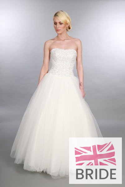 Katie Timeless Chic Full Length Prom Style Dropped Waist Wedding Dress With Pearl Detail Front.JPG