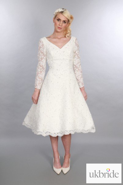 GillianTimeless Chic Tea Length Vintage Inspired V Neck Short Wedding Dress Long Sleeve Diamante Embellishment (2).JPG