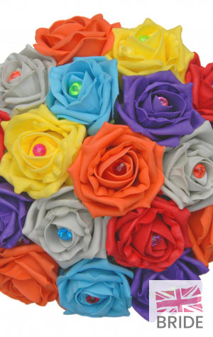 Mixed Turquoise, Orange, Red, Purple, Grey & Yellow Rose Wedding Posy Bouquet  44.95 sarahsflowers.co.uk.jpg