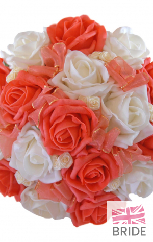 Coral & White Rose Bridesmaids Wedding Posy with Satin Roses  37.65 sarahsflowers.co.uk.jpg