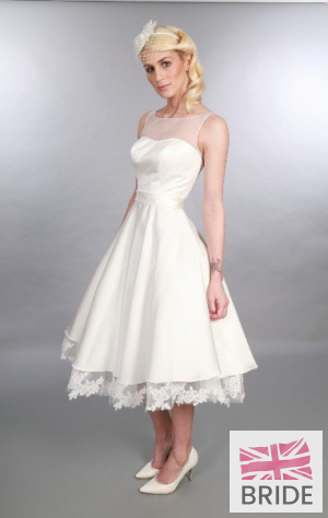 Catherine Timeless Chic Tea Length Satin Lace Tea Length Wedding Dress Illusion Neckline 1950s Inspired .JPG