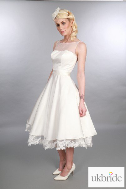 Catherine Timeless Chic Tea Length Satin Lace Tea Length Wedding Dress Illusion Neckline 1950s Inspired .JPG