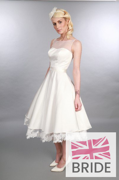 Catherine Timeless Chic Tea Length Satin Lace Tea Length Wedding Dress Illusion Neckline 1950s Inspired .JPG