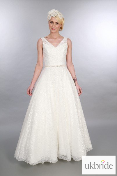 Betsy Lace Timeless Chic Lace Full Length Vintage Inspired V Neck Wedding Gown.JPG