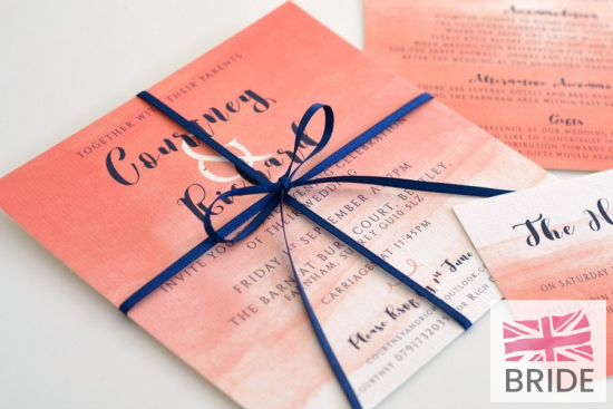 ombretwistweddinginvitation,withinsertsandnavyribbon,coralandnavywedding.jpg