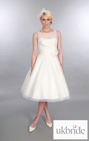 AnaraTimeless Chic Tea Length Wedding Dress Vintage Style Polka Dot Illusion Neckline (5).JPG