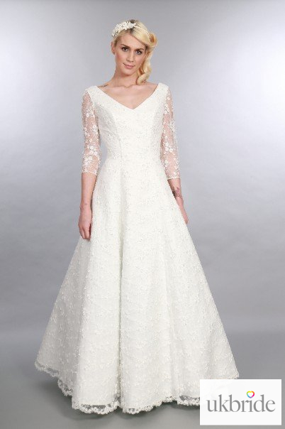 Georgia Timeless Chic Full Length Vintage Inspired Lace Wedding Dress Sleeves Light Embellishment V Neck A Line Front Full.JPG