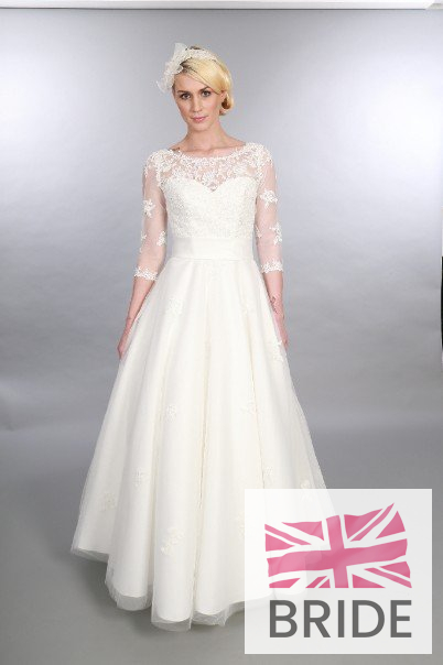 Polly Timeless Chic Full Length Vintage Inspired Wedding Dress Tulle Lace Sleeves Sweatheart Neckline Front Full.JPG