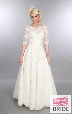 Mae Mid Waist Timeless Chic Lace Vintage Inspired Wedding Gown Full Length With Sleeve Sweetheart Neckline Front.JPG