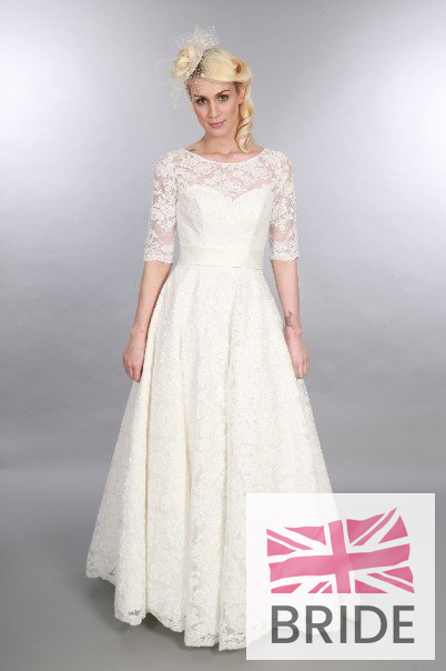 Mae Mid Waist Timeless Chic Lace Vintage Inspired Wedding Gown Full Length With Sleeve Sweetheart Neckline Front.JPG
