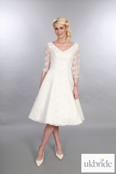 GeorgiaTimeless Chic Tea Length Wedding Dress Vintage Inspired V Neck Sleeves Lace & Embellishment  (2).JPG