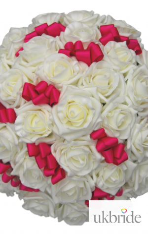 Ivory Foam Rose & Bright Pink Ribbon Bow Bridal Bouquet  65.75 sarahsflowers.co.uk.jpg