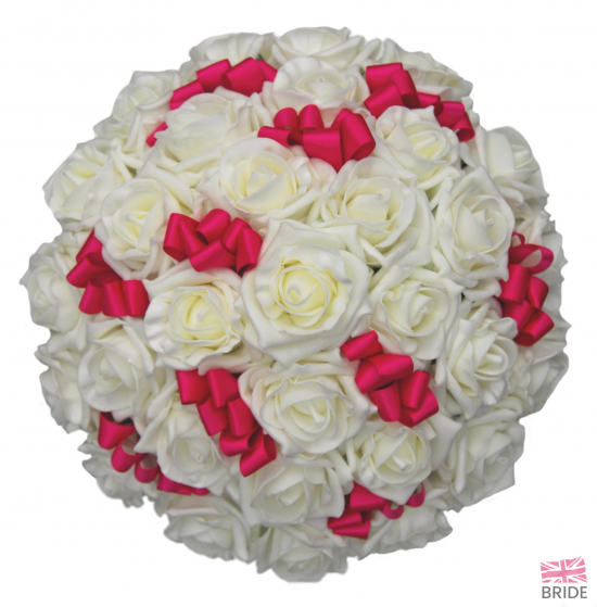 Ivory Foam Rose & Bright Pink Ribbon Bow Bridal Bouquet  65.75 sarahsflowers.co.uk.jpg