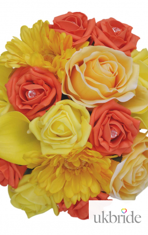 Yellow Bridesmaids Bouquet with Orange Roses and Calla Lilies  47.95 sarahsflowers.co.uk.jpg