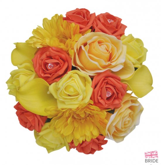 Yellow Bridesmaids Bouquet with Orange Roses and Calla Lilies  47.95 sarahsflowers.co.uk.jpg