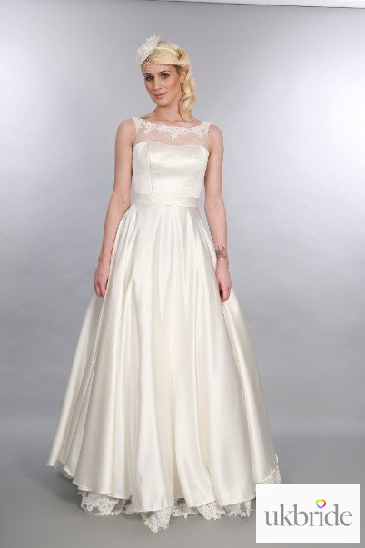 Catherine Timeless Chic Satin Full Length Vintage Inspired Wedding Gown With Lace Hem illusion neckline Buttons Full Front.JPG