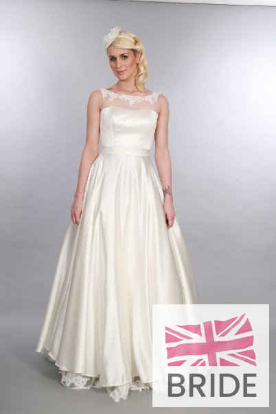 Catherine Timeless Chic Satin Full Length Vintage Inspired Wedding Gown With Lace Hem illusion neckline Buttons Full Front.JPG