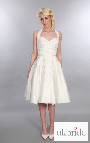ElizaTimeless Chic Tea Length Vintage 1950s Style Wedding Dress Satin Halter Neck With Lace  (2).JPG