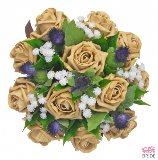 Maids Coffee Rose Gypsophila Thistle Wedding Bouquet with Cafe au Lait Ribbon  58.00 sarahsflowers.co.uk.jpg
