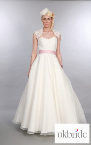 Elizabeth Organza Timeless Chic Full Length Wedding Dress With Cap Sleeve Bolero Jacket Vintage 1950s Inspired Front  Full.JPG