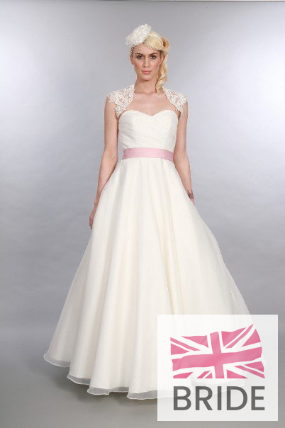 Elizabeth Organza Timeless Chic Full Length Wedding Dress With Cap Sleeve Bolero Jacket Vintage 1950s Inspired Front  Full.JPG