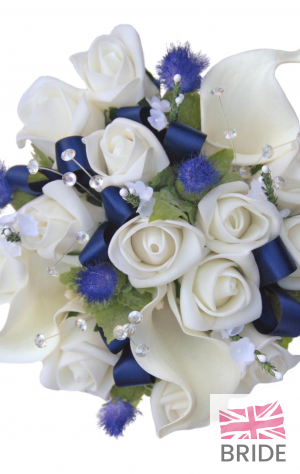 Bridesmaids Ivory Calla Lily, Rose & Blue Thistle & Bow Wedding Posy  52.95 sarahsflowers.co.uk.jpg