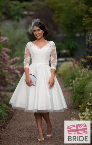 Timeless Chic Gloria Tea Length Vintage 1950s Wedding Dress With V Neck & Sleeves (10).png