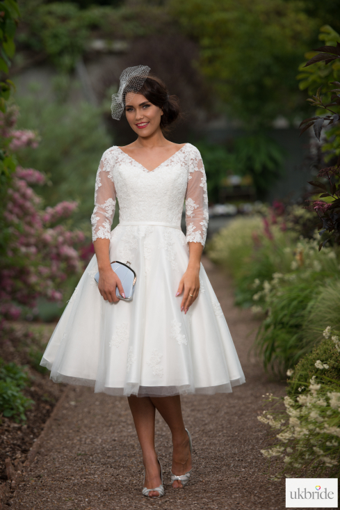 Timeless Chic Gloria Tea Length Vintage 1950s Wedding Dress With V Neck & Sleeves (10).png