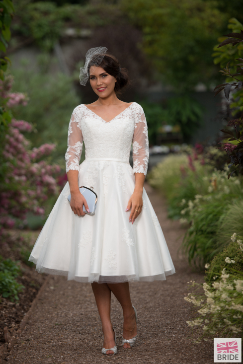 Timeless Chic Gloria Tea Length Vintage 1950s Wedding Dress With V Neck & Sleeves (10).png