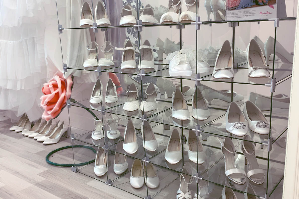 bridal shoes on rack