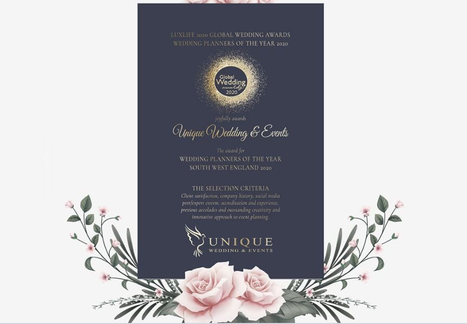 THE GLOBAL WEDDING AWARDS FOR WEDDING PLANNERS OF THE YEAR SOUTH WEST ENGLAND.