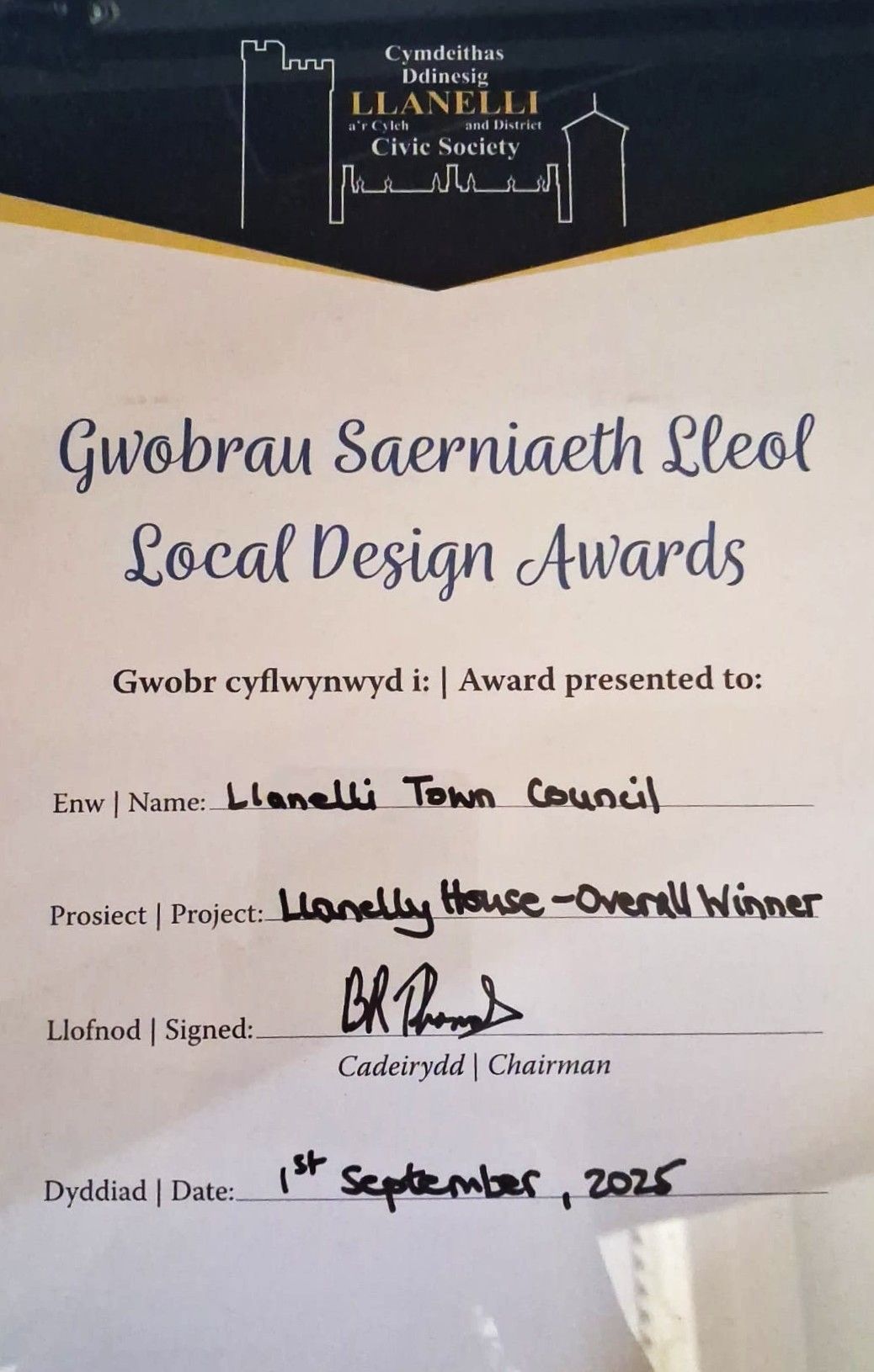 Overall Winner for Llanelli Town Council