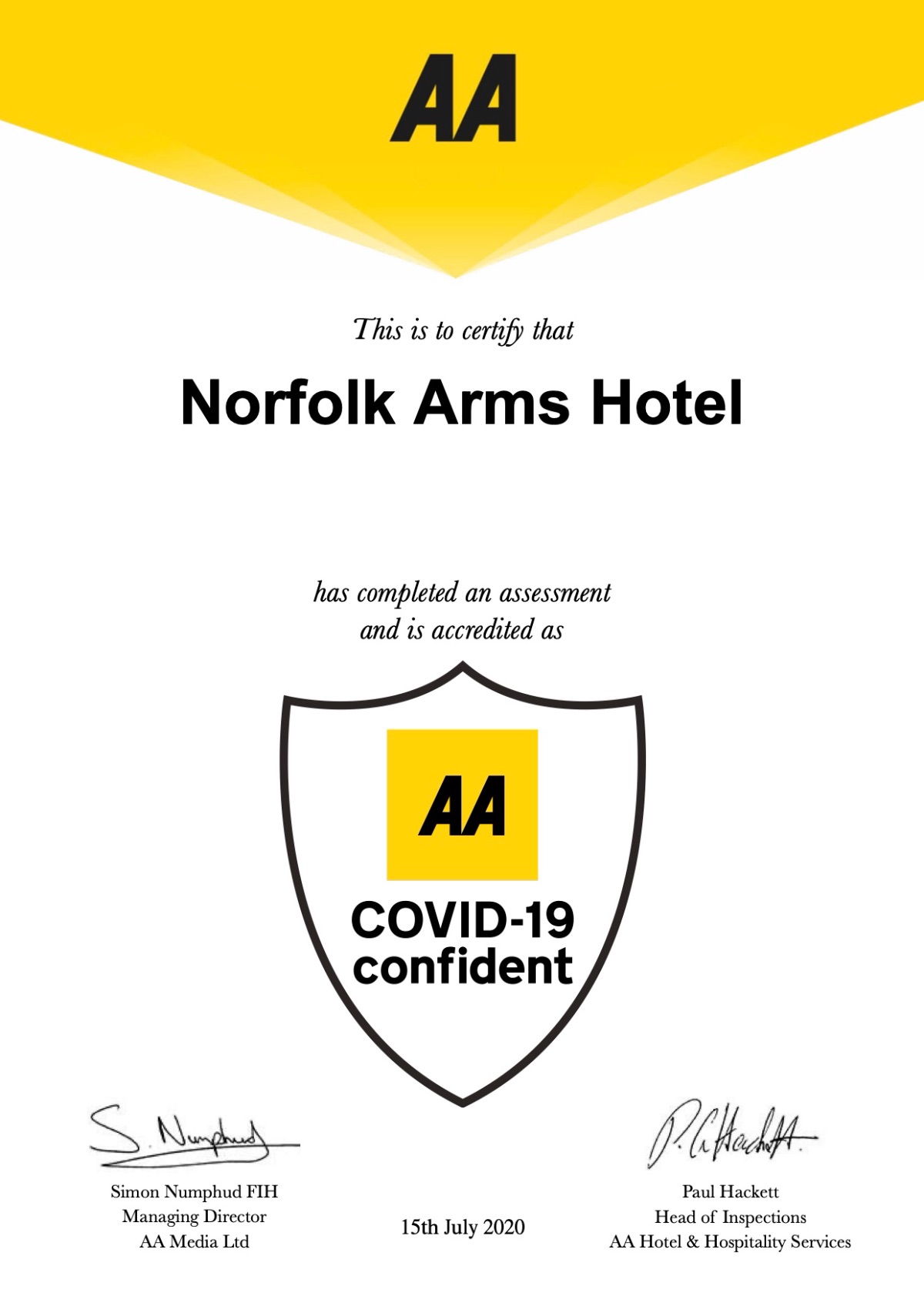 Your health and safety is always at the forefront of our minds and with the hard work that has gone into being Covid secure we are pleased to say we have been accredited with the AA Covid-19 Confident.