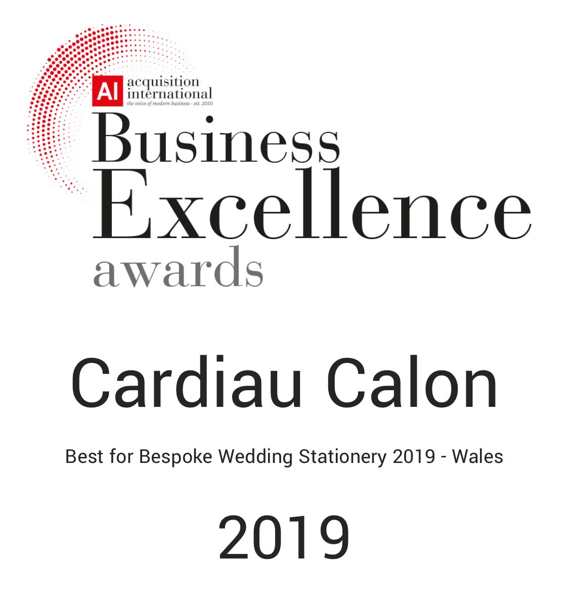 Business Excellence Awards - Best for Bespoke Wedding Stationery 2019 - Wales