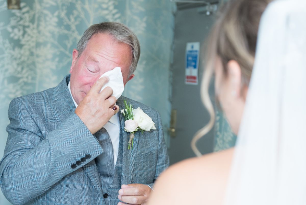 Dad seeing bride for the first time crying.