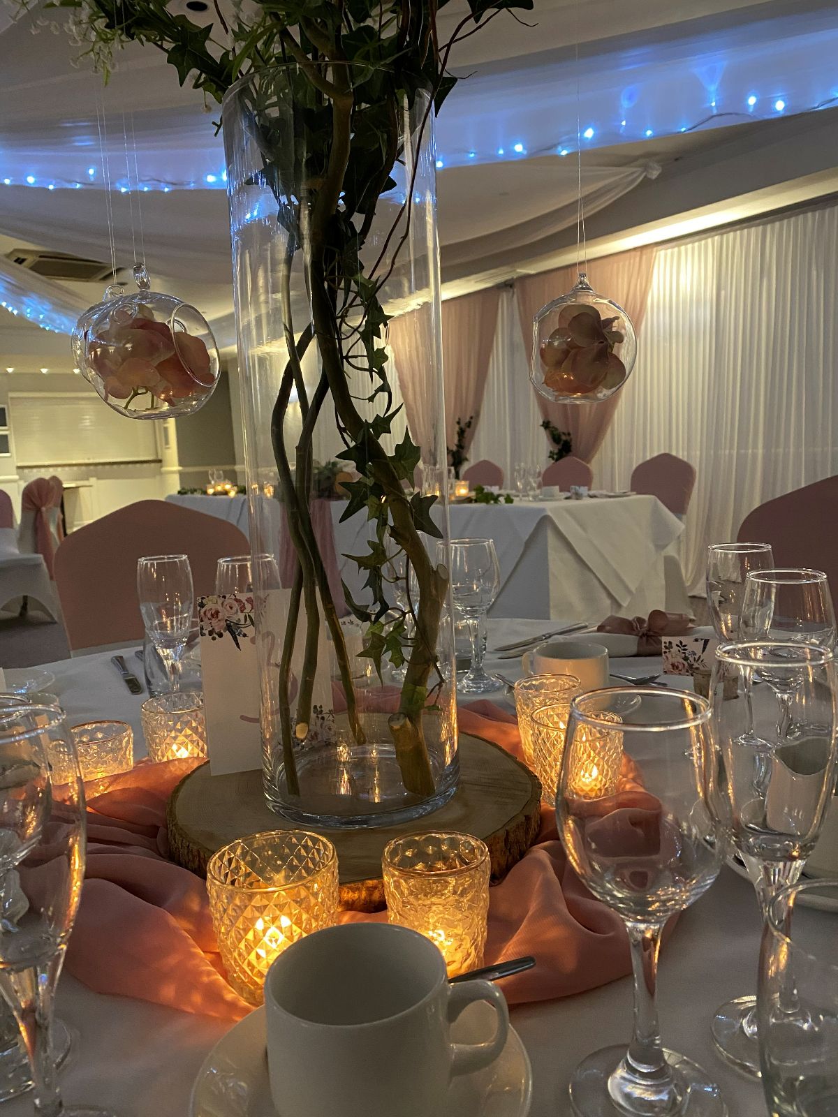 Evening centrepieces - candles lit 