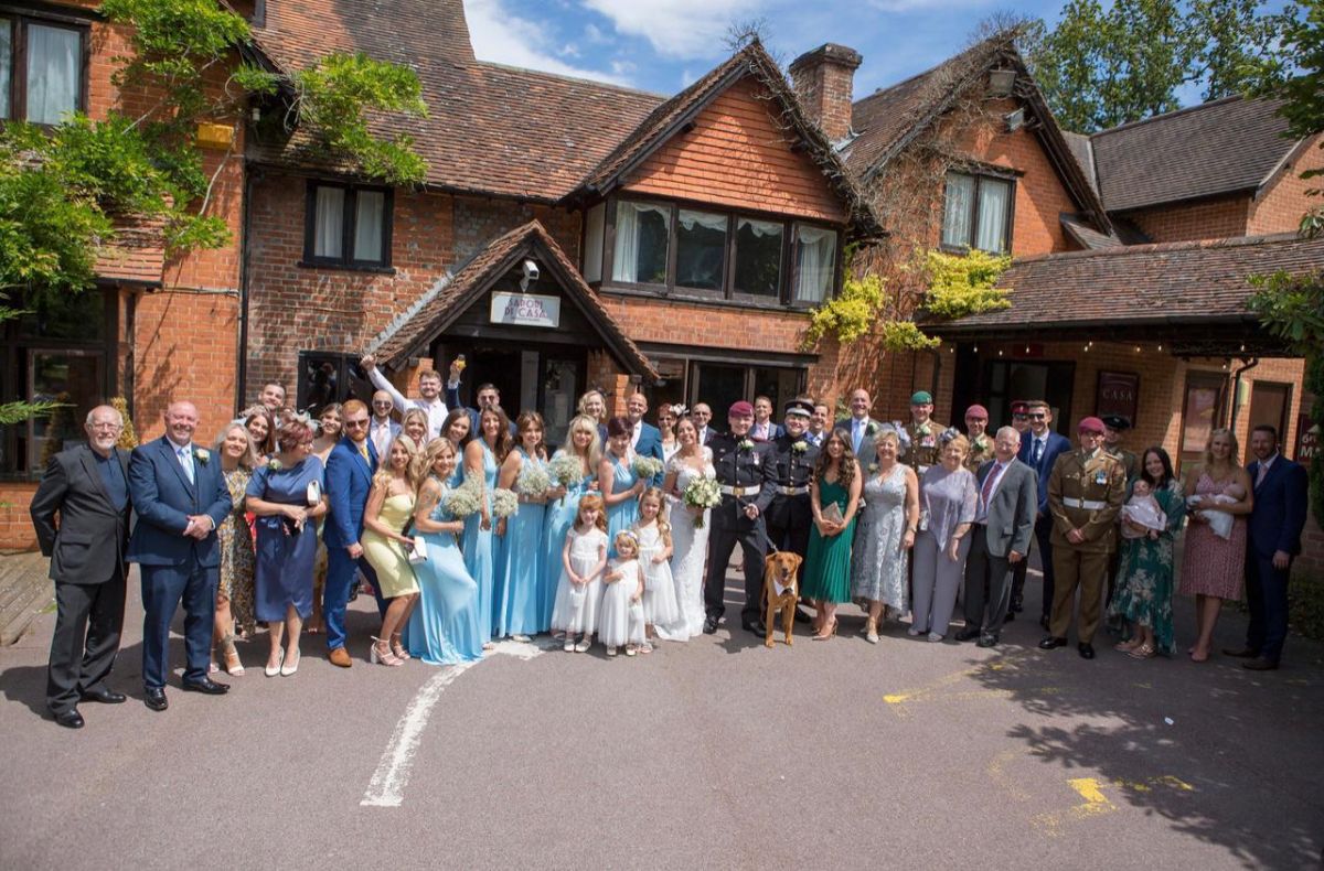 Wedding Guest group photo infront of our wedding venue.