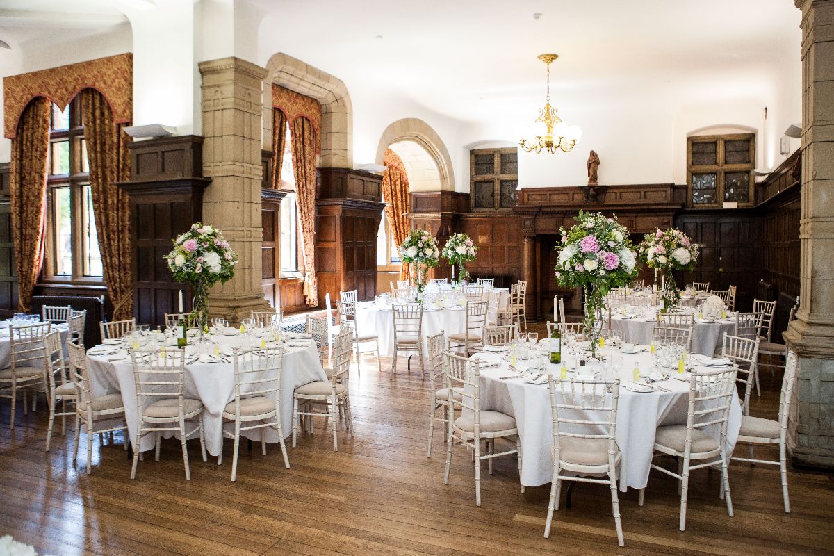 Beautiful wedding breakfast in the mansion at Woldingham School, Marden Park Surrey